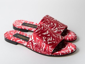 Avec Moderation ‘Hawaii Botanica’ satin slides, $405 at Secret Location, secretlocation.ca.