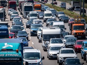 Cars stuck in a traffic jam on the A9 highway in Munich, southern Germany, as Pentecost holidays started on June 7, 2019.