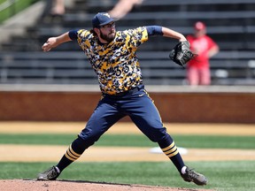 Alek Manoah on the mound for the University of West Virginia Mountaineers in June 2017 in Winston-Salem, N.C. Manoah was picked in the first round, 11th overall, by the Toronto Blue Jays in Major League Baseball’s amateur draft on Monday.