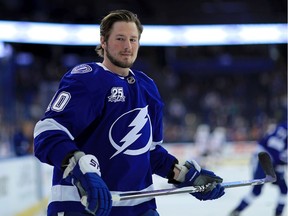 J.T. Miller of the Tampa Bay Lightning reacts after scoring his third goal of the game during a game against the Ottawa Senators at Amalie Arena on March 13, 2018 in Tampa, Florida. Photo: Mike Ehrmann/Getty Images