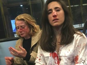 Melania Geymonat, 28, right, says she and her partner Chris were attacked on the top deck of a bus as they were travelling to Camden Town in London.