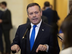 Alberta Premier Jason Kenney speaks to reporters after appearing at the Standing Senate Committee on Energy, the Environment and Natural Resources about Bill C-69 at the Senate of Canada Building on Parliament Hill in Ottawa on Thursday, May 2, 2019. The Kenney government aims to get its $30-million Calgary-based war room running this summer. The goal, Kenney has said, is to fight against what he calls a foreign-funded "campaign of lies and defamation" that he says has caused economic hardship by landlocking Alberta crude.