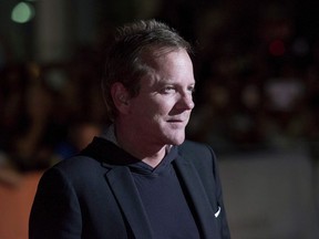 Kiefer Sutherland poses on the red carpet for the film "Forsaken" during the 2015 Toronto International Film Festival in Toronto on Wednesday, September 16, 2015. Canadian actor Kiefer Sutherland is asking Ontario Premier Doug Ford to stop using his late grandfather Tommy Douglas's name and image as part of what he calls his "political agenda."