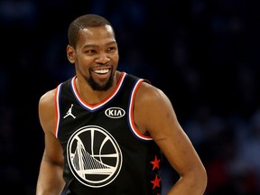 Kevin Durant #35 of the Golden State Warriors and Team LeBron reacts in the first half during the NBA All-Star game as part of the 2019 NBA All-Star Weekend at Spectrum Center on February 17, 2019 in Charlotte, North Carolina.