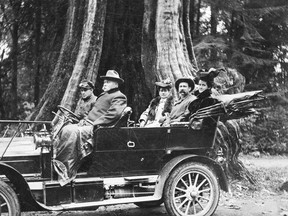 Pioneer lumber baron John Hendry (front seat, second from left) at the Hollow Tree in Stanley Park in 1906. Vancouver Archives/ Trans P29