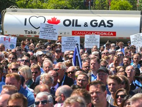 Several thousand pro pipeline protesters rally at Stampede Park during the Global Petroleum Show in Calgary earlier this month.