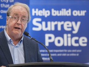 Surrey Mayor Doug McCallum briefs the media on the just-released policing transition report at Surrey City Hall on Monday, June 3, 2019.