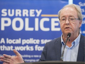 Surrey mayor Doug McCallum briefs the media on the just-released Policing Transition Report at Surrey city hall Monday, June 3, 2019.