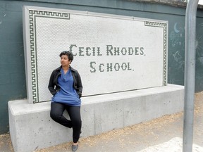 Jennifer Reddy, OneCity School Trustee, who has submitted a motion to the Vancouver school board to remove the Cecil Rhodes sign from the primary playground area at L'Ecole Bilingue, in Vancouver on June 10.