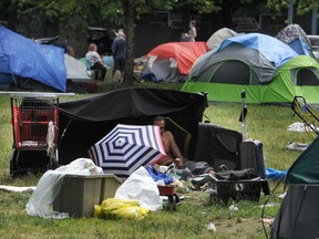 Campers at Oppenheimer Park as Vancouver Mayor Kennedy Stewart provides a briefing following the release of 2019's Vancouver Homeless Count numbers in Vancouver,  BC., June 12, 2019.