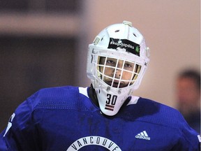 Goalie Arturs Silovs worked out Tuesday during the Vancouver Canucks' prospects development camp at the Doug Mitchell Thunderbird Sports Centre in Vancouver.