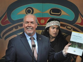 Premier John Horgan, with Evan Sky makes a mental health program announcement at Mountainside Secondary School in North Vancouver, June 26, 2019. A Pathway To Hope lays out the government's 10-year vision for mental health and addictions care.