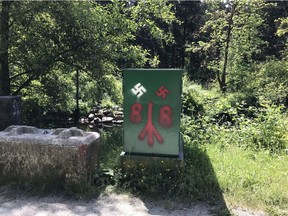Racist Nazi graffiti spotted on the Central Valley Greenway trail in Burnaby (courtesy of Twitter user @xDVNx)