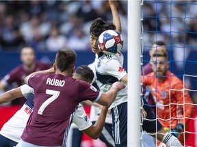 Colorado Rapids' Diego Rubio (7) heads the ball for a goal against the Vancouver Whitecaps during the first half of an MLS soccer game action in Vancouver on Saturday, June 22, 2019.
