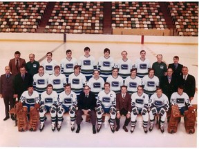 The inaugural edition of the Vancouver Canucks, prior to playing their first-ever NHL game on Oct. 9, 1970 against the Los Angeles Kings. Front row (L to R) George Gardner, Danny Johnson, Ray Cullen, Lyman D. Walter (Vice President), Orland Kurtenbach, Thomas K. Scallen (President), Gary Doak, Wayne Maki, Dunc Wilson. Middle row (L to R): William Winnett (Vice President), Bud Poile (Vice President & General Manager), Mike Corrigan, John Schella, Barry Wilkins, Charlie Hodge, Paul Popiel, Bobby Schmautz, Garth Rizzuto, Hal Laycoe (Coach), Babe Pratt (Asst. To the Vice President).  Back row (L to R): Greg Douglas (Public Relations Director), Ed Shamlock (Trainer), Andre Boudrias, Rosaire Paiement, Pat Quinn, Dale Tallon, Murray Hall, Ted Taylor, Bill Gray (Trainer) Miles Desharnais (Ticket Manager). Photo courtesy of the BC Sports Hall of Fame