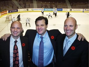 Paolo (left to right), Francesco and Roberto Aquilini met with the media after completing their purchase of the remaining 50% of the Vancouver Canucks, making the family the sole owners of the NHL club.