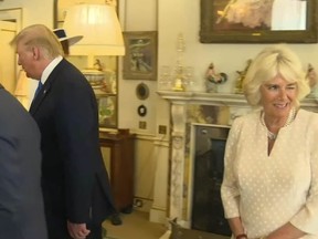 Camilla Parker Bowles, duchess of Cornwall, sneaks a wink once Trump's back is turned at the flashing cameras, after taking a picture with the U.S. president and her husband.