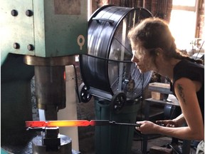 Metal worker Stefanie Dueck at the Center for Metal Arts, in Johnstown, Pennsylvania. Photo: Stefanie Dueck for The Home Front: A career forged in originality  by Rebecca Keillor  [PNG Merlin Archive]