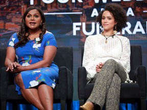 Mindy Kaling ,left, and Nathalie Emmanuel of 'Four Weddings and a Funeral' speak onstage during the Hulu segment of the Summer 2019 Television Critics Association Press Tour on July 26.