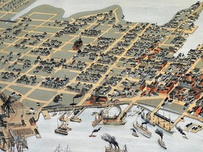 Detail from a 1898 bird's-eye-view map of Vancouver published by The Vancouver World. Gilbert McConnell lived in the 400-block of East Hastings Street, which is in the middle of the image.