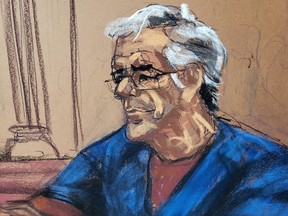 U.S. financier Jeffrey Epstein looks on during a bail hearing in his sex trafficking case, in this court sketch in New York, U.S., July 18, 2019. REUTERS/Jane Rosenberg