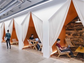 Everyone's still chasing San Francisco for tech-city cachet, but Canadian cities ranked well in the latest CBRE survey. (Pictured are the camping-style meeting rooms at Airbnb's San Fran head office.)