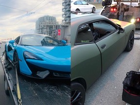 This blue McLaren (left) was spotted by Vancouver police travelling at 130 kilometres an hour, while the Challenger (right) was caught travelling at 125 kilometres an hour. Both drivers were fined.