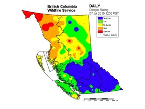Fire danger is low over the southern half of the province, with a pocket of extreme fire danger in the northwest.