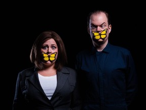 Stephanie Liatopoulos and Seth Gordon Little take on familiar roles in the Silence of the Lambs parody Silence! The Musical, playing at the BMO Theatre Centre from July 25-Aug 3. Photo: Derek Fu