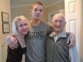 Zach Plett with his mom, Maggie Plett, and his grandfather Walter. Maggie says it was Walter's last wish that Zach go to rehab in Manitoba, where he stayed for three months. Walter died six months before Zach died. This photo was taken on Walter's 95th birthday.