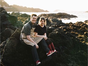 Chef Warren Barr and General Manager Lily Verney-Downey, owners of Pluvio restaurant + rooms, on the rocky coast of Ucluelet.