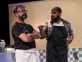 David Nykyl as Arthur, and Chris Francisque as Franco star in Superior Donuts, playing until Aug. 16 at the Jericho Arts Centre. Photo: Courtesy of Zemekis Photography.