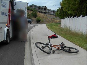 Police in Kelowna are searching for the driver of an orange Infiniti FX that allegedly failed to stop after a cyclist was hit on Saturday.