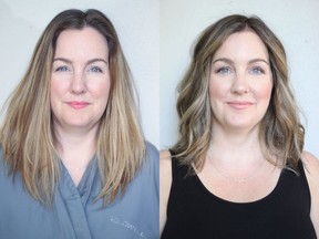 Sara Faucompre is a 41-year-old administrative assistant from Penticton. On the left is Sara before her makeover by Nadia Albano, on the right is her after. Photo: Nadia Albano.