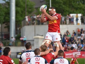 Canada captain Tyler Ardron secures lineout possession against the USA in a World Rugby Pacific Nations Cup match on July 27, 2019 in Glendale, Colorado.
