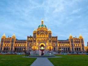 A Crown corporation that regulates British Columbia’s private-sector insurance companies says an average 40 per cent increase in condo insurance premiums resulted from various factors including risks that insurers face from earthquakes and flooding. Night view of legislature in Victoria.