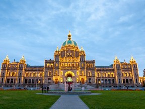 Night view of legislature in Victoria.