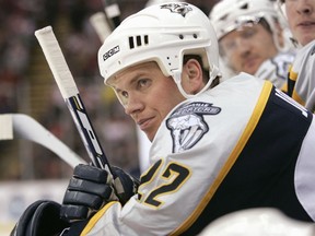 Greg Johnson of the Nashville Predators looks on from the bench during the game against the Detroit Red Wings on March 21, 2006 in Detroit, Michigan. Johnson passed away Monday. Photo: Gregory Shamus/Getty Images