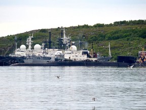 A picture taken on July 2, 2019, shows an unidentified submarine in the city of Severomorsk, in Russia.