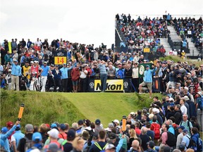 England's Justin Rose tees off from the 14th hole during Friday's second round of the 148th British Open golf championship at Royal Portrush Golf Club in Northern Ireland.