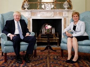 British Prime Minister Boris Johnson with Scotland's First Minister Nicola Sturgeon at Bute House in Edinburgh, Scotland, on July 29, 2019.