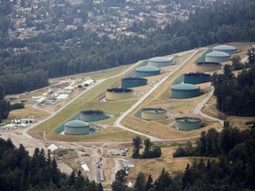 The Burnaby Terminal and Tank Farm, the terminus of the Trans Mountain Pipeline, is seen in an aerial photo over Burnaby, British Columbia, Canada June 29, 2019. Picture taken June 29, 2019.