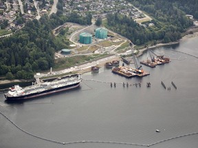 The Westridge Marine Terminal, the terminus of the Trans Mountain Pipeline, is seen in an aerial photo over Burrard Inlet in Burnaby.