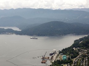 The Westridge Marine Terminal, the terminus of the Trans Mountain Pipeline, is seen in an aerial photo over Burrard Inlet in Burnaby.