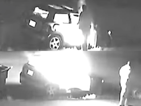 An unknown suspect is observed on a nearby video surveillance camera, from behind, standing on the sidewalk next to a red Mini Cooper. The same individual appears to ignite an item in their hands, which is quickly tossed into the vehicle through it’s open passenger side door. It doesn’t take long for the blaze to grow and spread through the interior of the passenger vehicle.