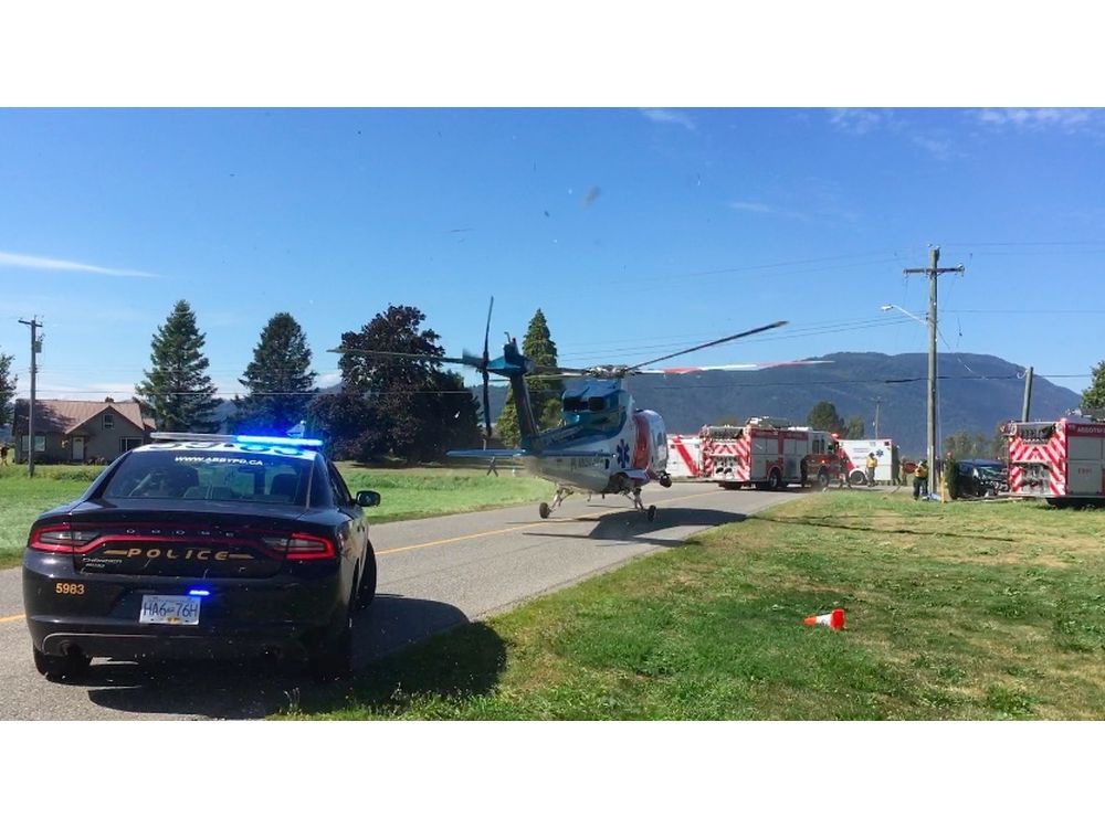 A 22-year-old man died in a two-vehicle crash in Abbotsford Friday.  A young woman in the passenger seat was airlifted to the hospital with serious injuries.  Two others were treated for minor injuries. [PNG Merlin Archive]