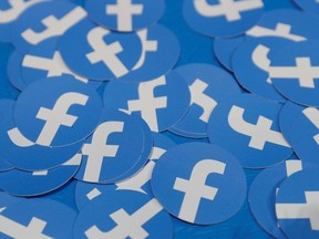 Stickers bearing the Facebook logo are pictured at Facebook Inc's F8 developers conference in San Jose, California, U.S., April 30, 2019.