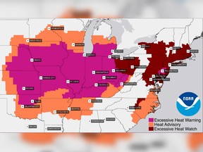 NOAA's heat warnings, advisories and watches cover much of the central and eastern parts of the U.S.