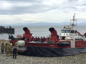 A floatplane crashed into the waters off Sechelt Tuesday afternoon. Three people were plucked from the water by a tugboat and brought to shore by a coast guard hovercraft.