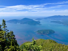 Red tide in Howe Sound streaks the water near Bowyer Island with Bowen Island in the background on Monday, July 22.